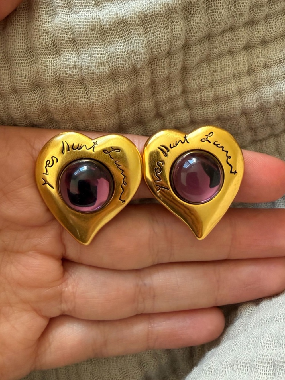💜Yves Saint Laurent Gold Heart Earrings with Purple Cabochons✨ - Picture 6 of 9